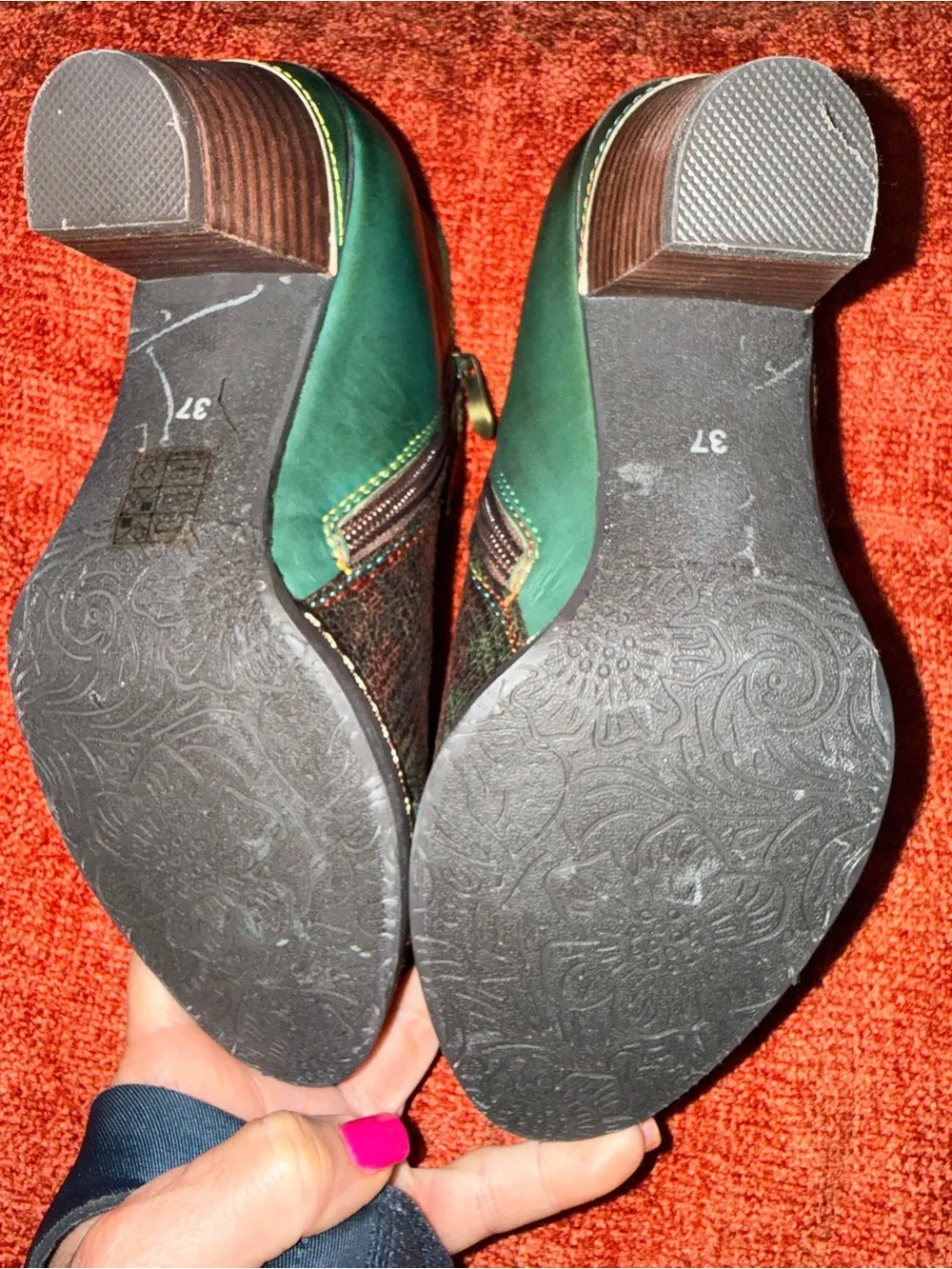 Women's Green Leather Ankle Booties with Decorative Buckle
